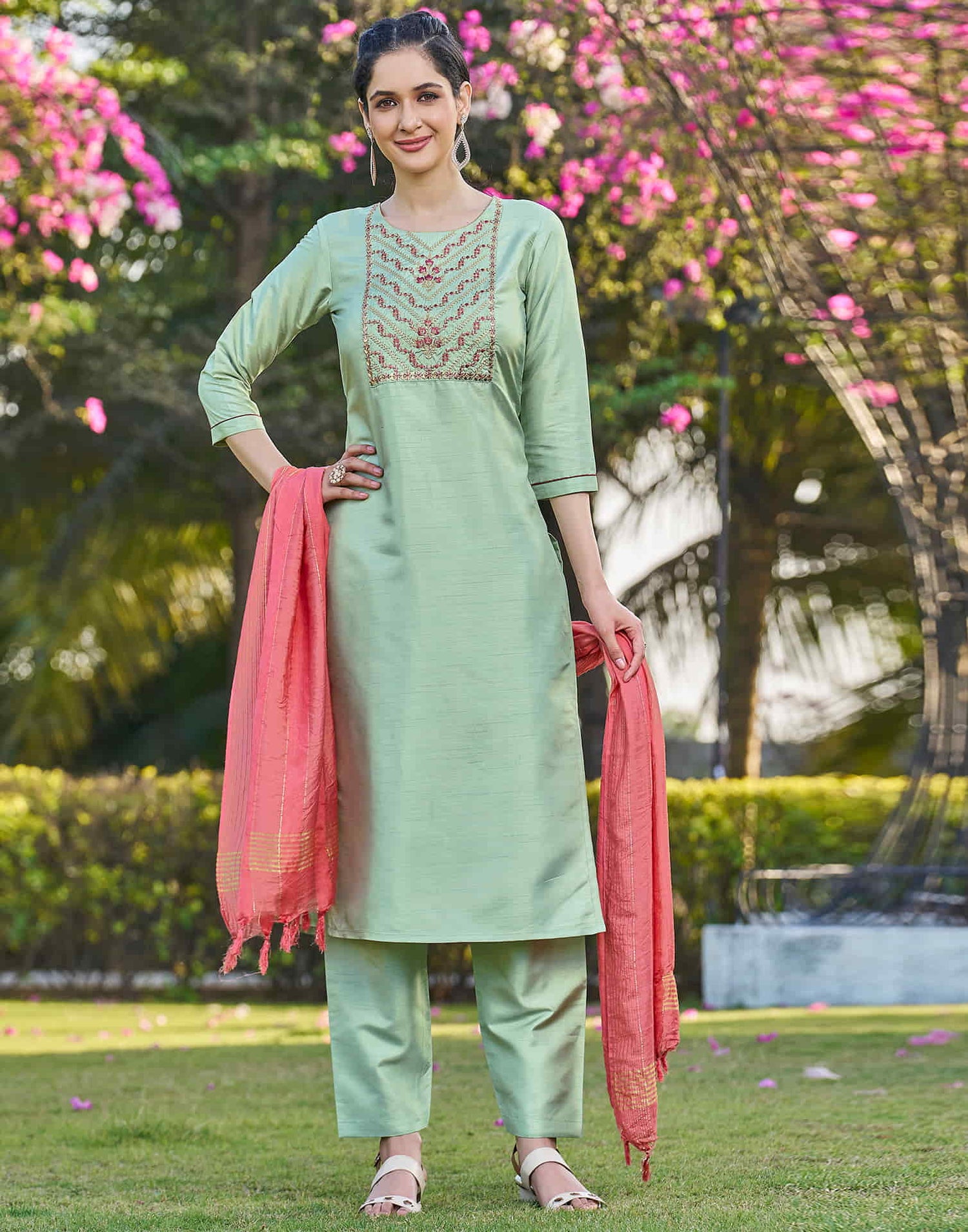 Light Pista Green Embroidery Silk Straight Kurta With Pant And Dupatta