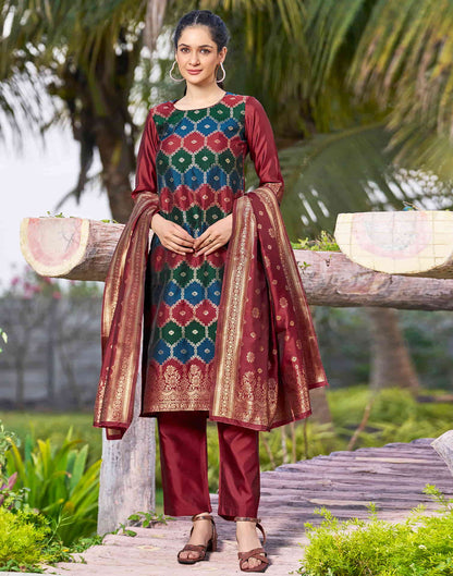 Maroon Woven Silk Straight Kurta With Pant And Dupatta