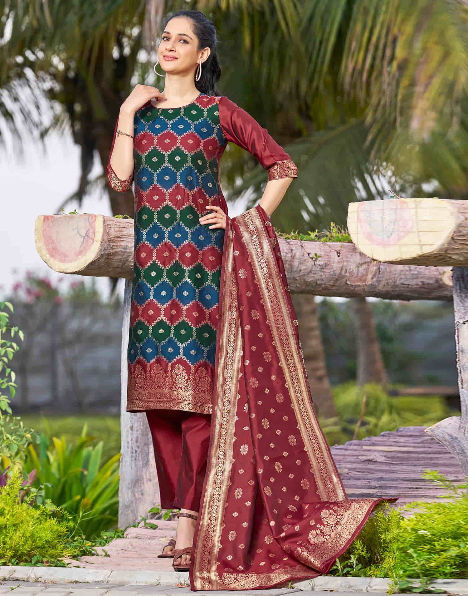 Maroon Woven Silk Straight Kurta With Pant And Dupatta