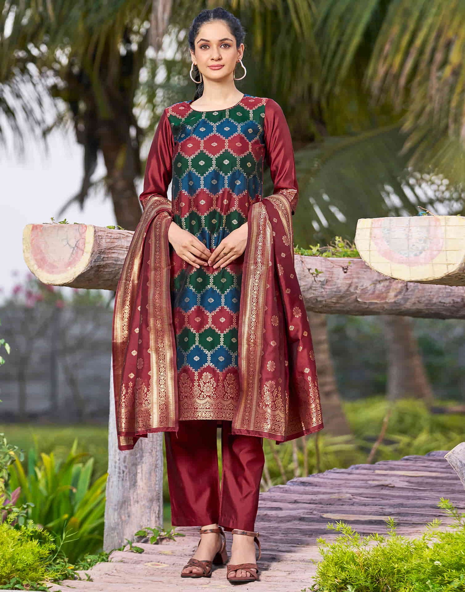 Maroon Woven Silk Straight Kurta With Pant And Dupatta