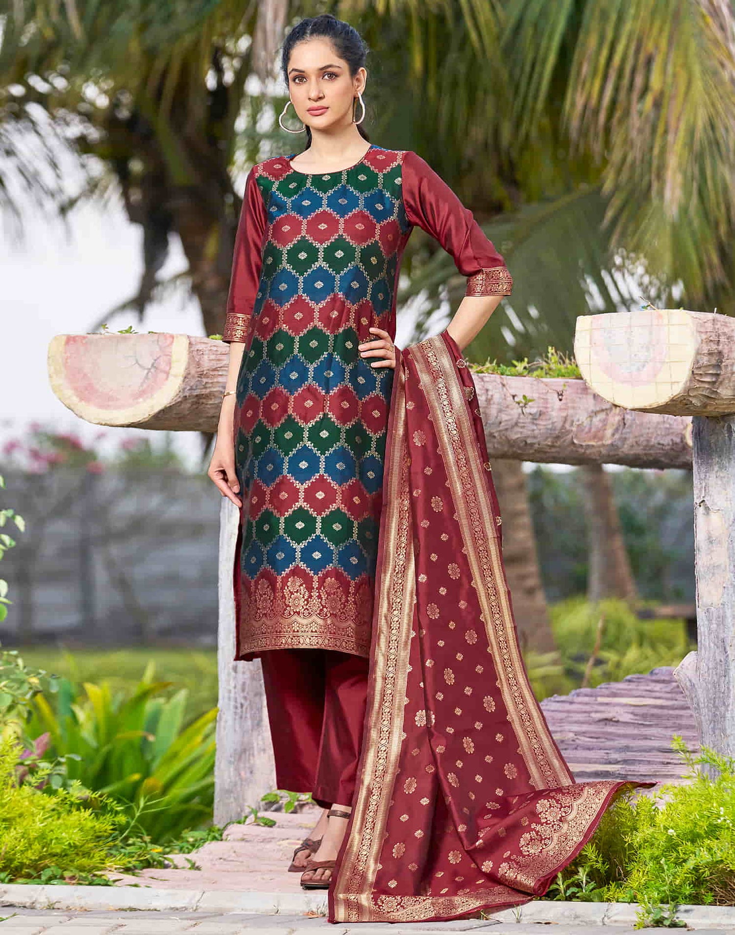 Maroon Woven Silk Straight Kurta With Pant And Dupatta