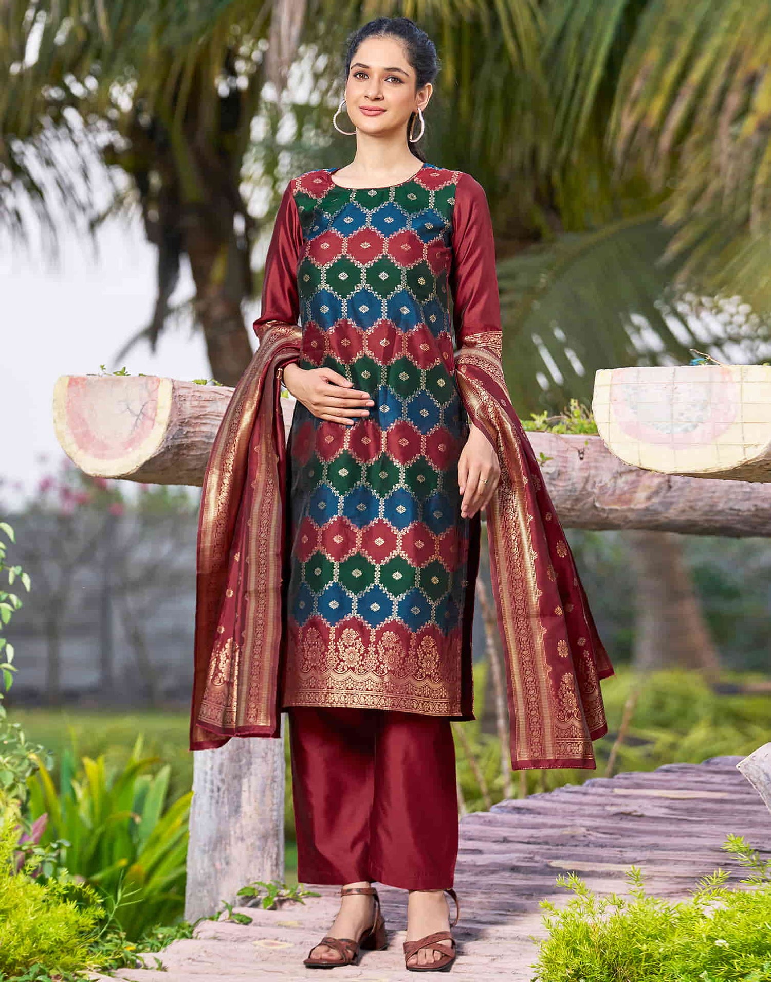 Maroon Woven Silk Straight Kurta With Pant And Dupatta