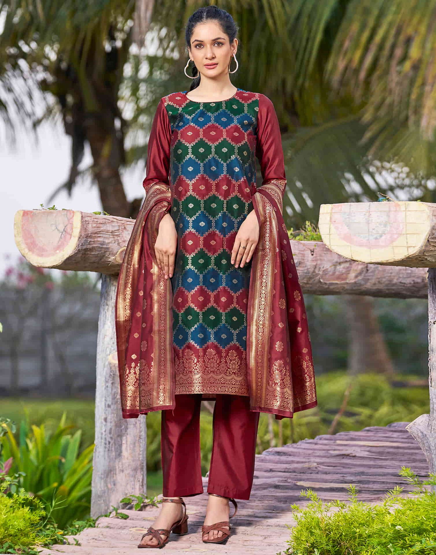 Maroon Woven Silk Straight Kurta With Pant And Dupatta