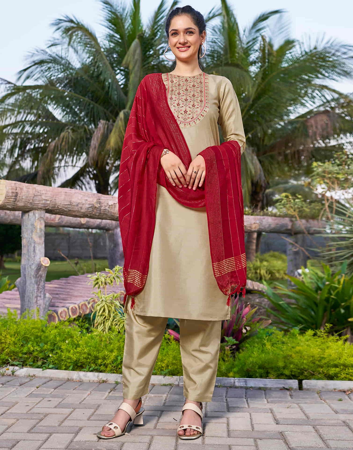 Beige Embroidery Silk Straight Kurta With Pant And Dupatta