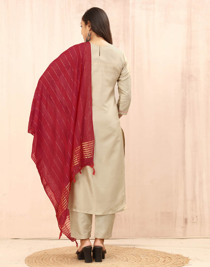 Beige Embroidery Silk Straight Kurta With Pant And Dupatta