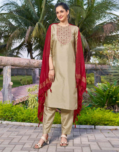 Beige Embroidery Silk Straight Kurta With Pant And Dupatta