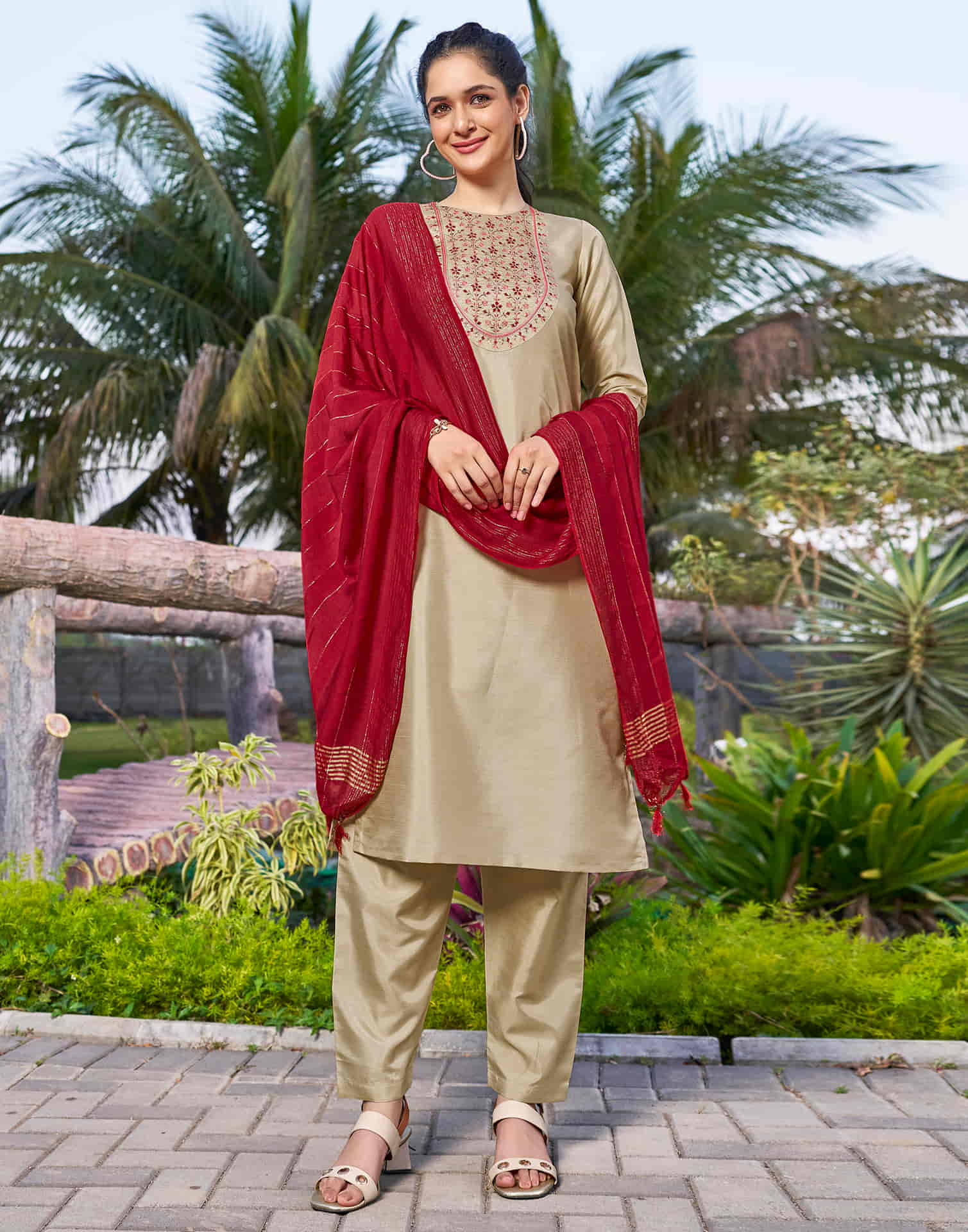 Beige Embroidery Silk Straight Kurta With Pant And Dupatta