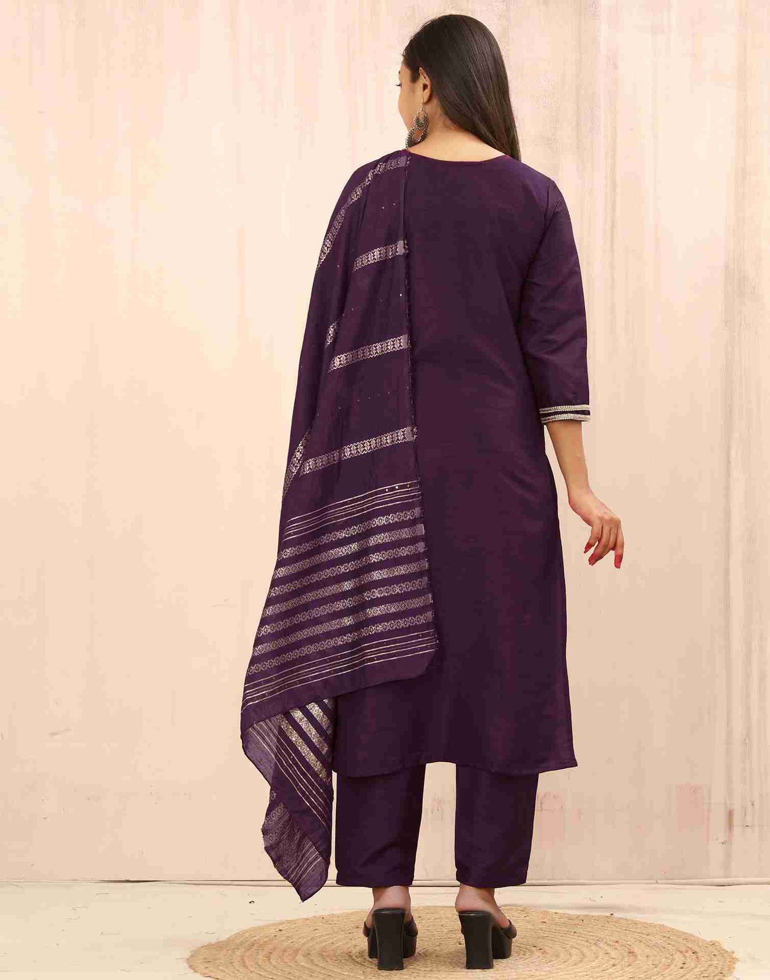 Wine Embroidery Silk Straight Kurta Set With Dupatta