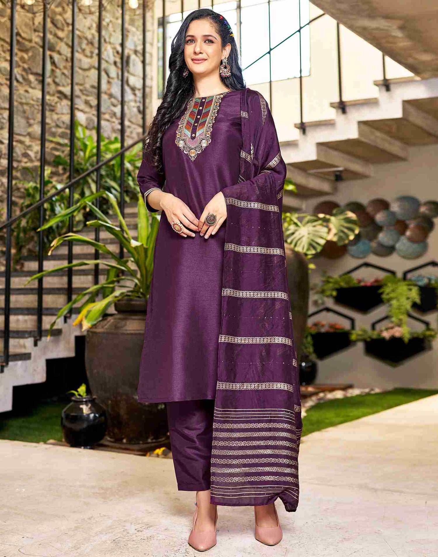 Wine Embroidery Silk Straight Kurta Set With Dupatta