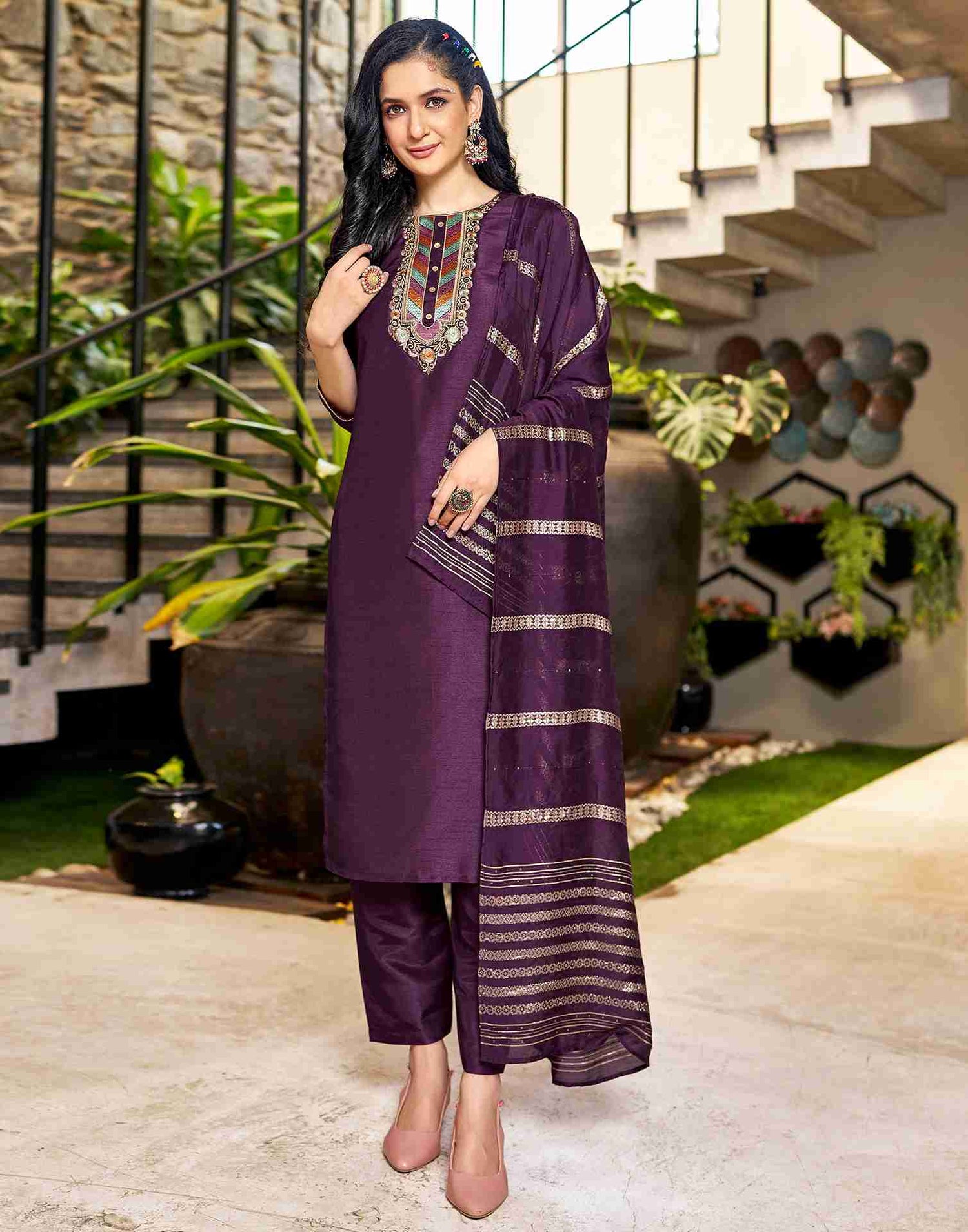 Wine Embroidery Silk Straight Kurta Set With Dupatta