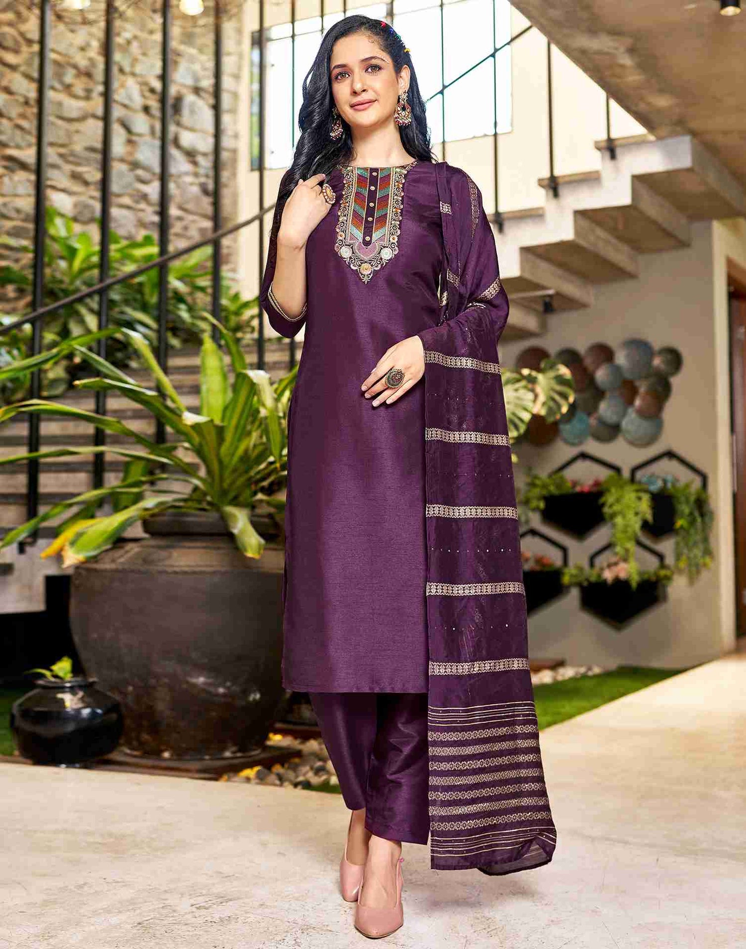 Wine Embroidery Silk Straight Kurta Set With Dupatta