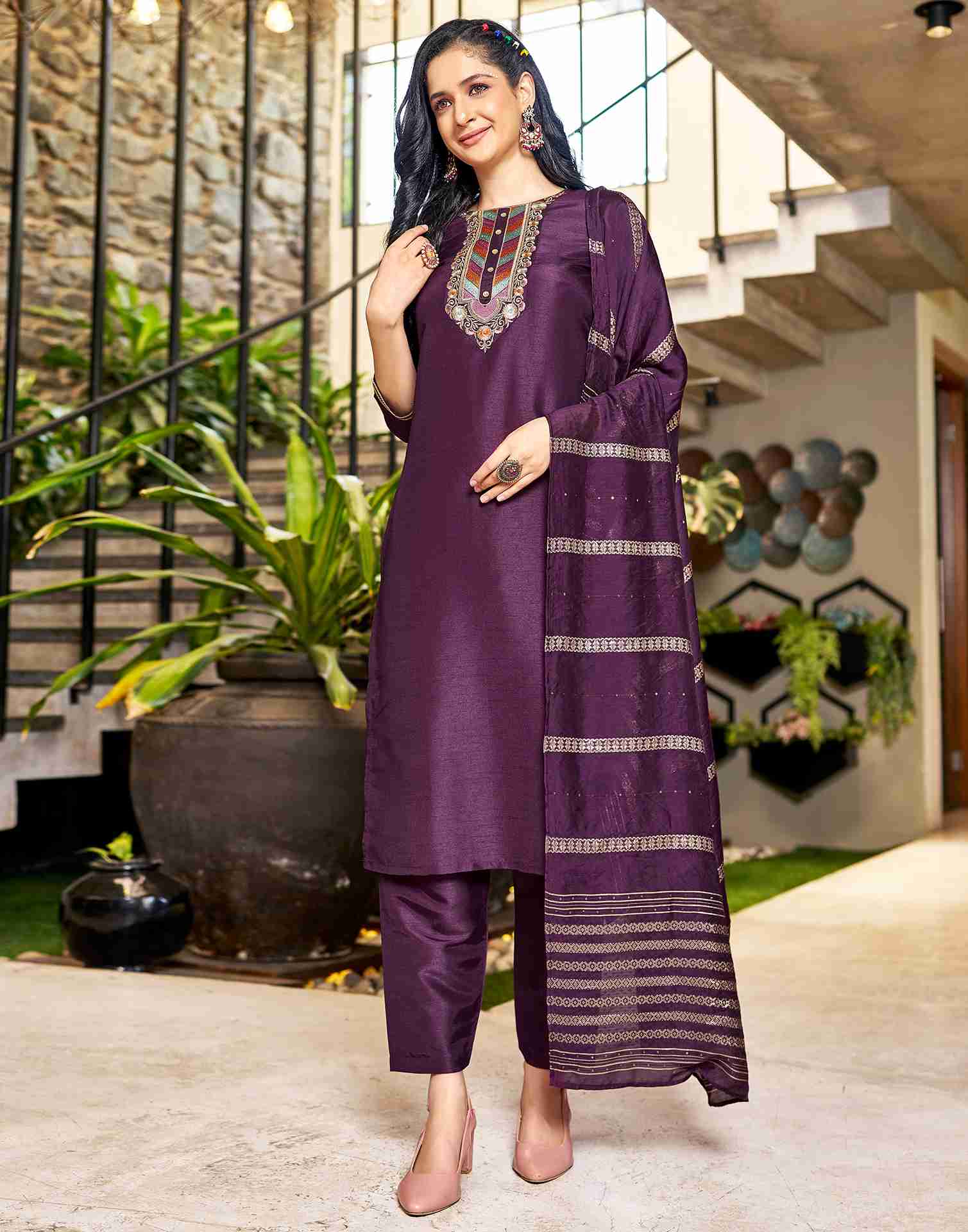 Wine Embroidery Silk Straight Kurta Set With Dupatta