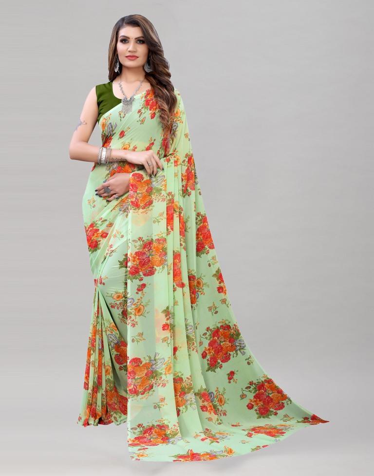 Adorable Pista Green Printed Saree | Sudathi