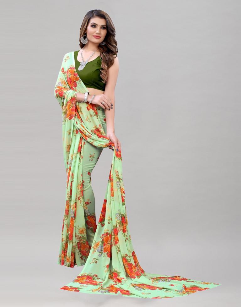 Adorable Pista Green Printed Saree | Sudathi