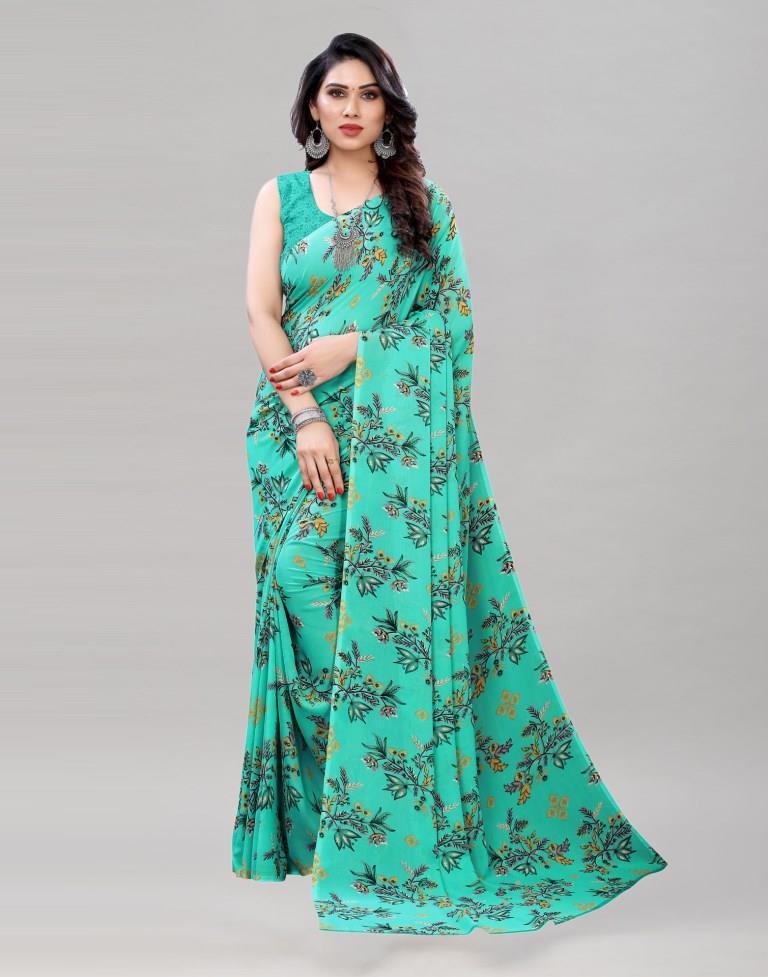 Elegant Turquoise Green Printed Saree | Sudathi