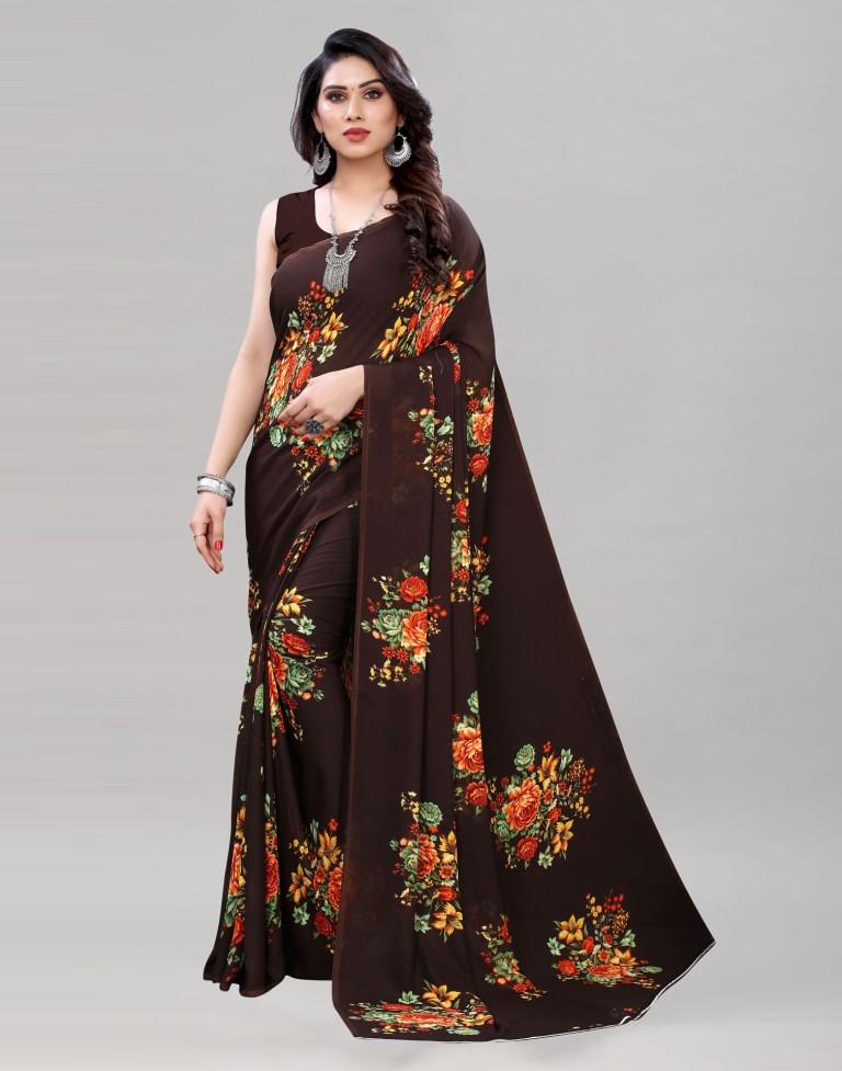 Outstanding Brown Printed Saree | Sudathi