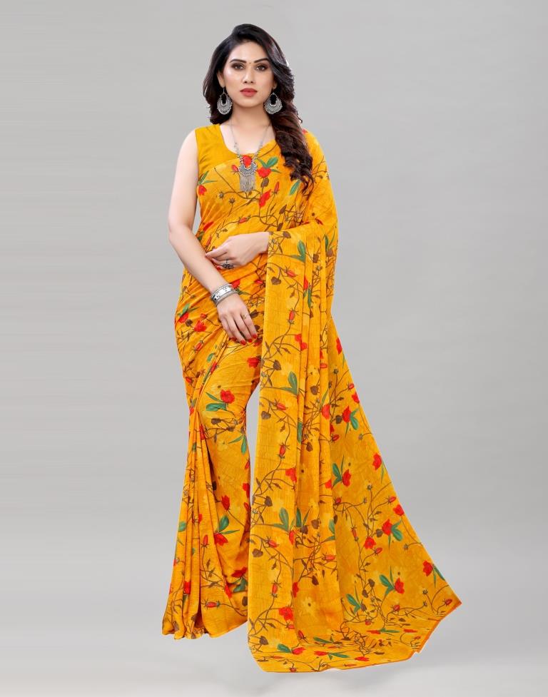 Definitive Turmeric Yellow Printed Saree | Sudathi