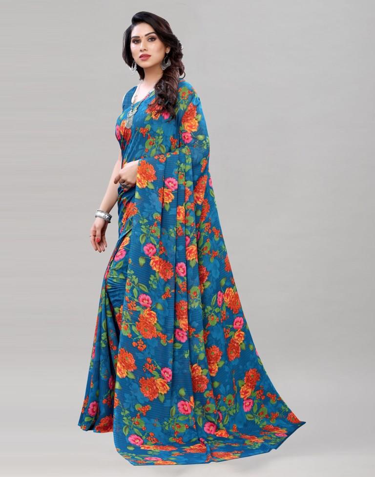 Fab Blue Printed Saree | Sudathi