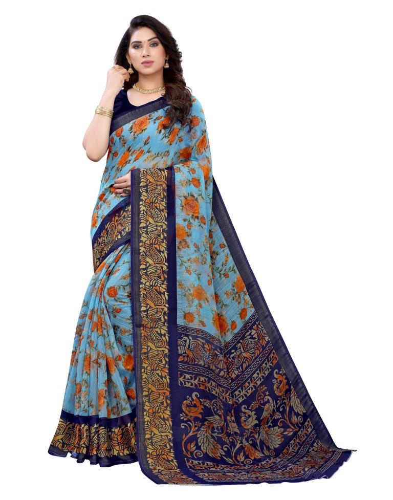 Amazing Sky Blue Cotton Printed Saree | Sudathi