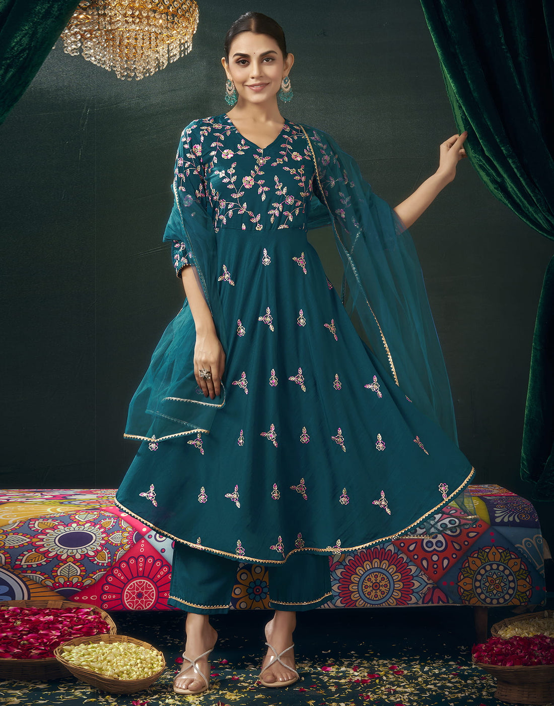 Rama Blue Chinnon Embroidery Flared Kurta Set With Dupatta