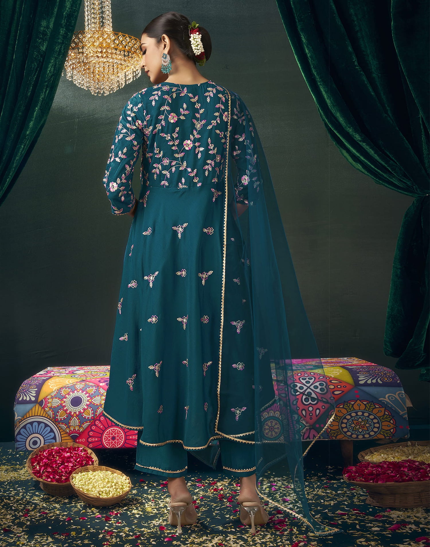 Rama Blue Chinnon Embroidery Flared Kurta Set With Dupatta