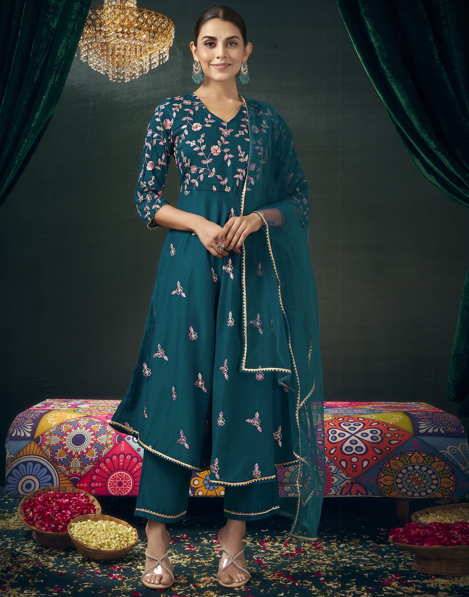 Rama Blue Chinnon Embroidery Flared Kurta Set With Dupatta