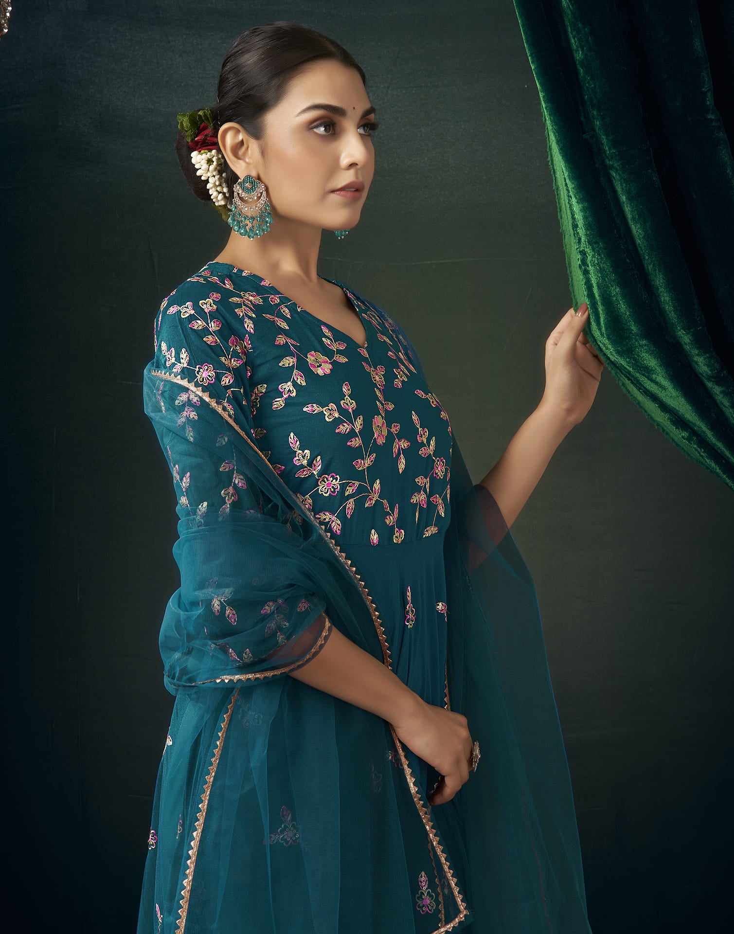 Rama Blue Chinnon Embroidery Flared Kurta Set With Dupatta