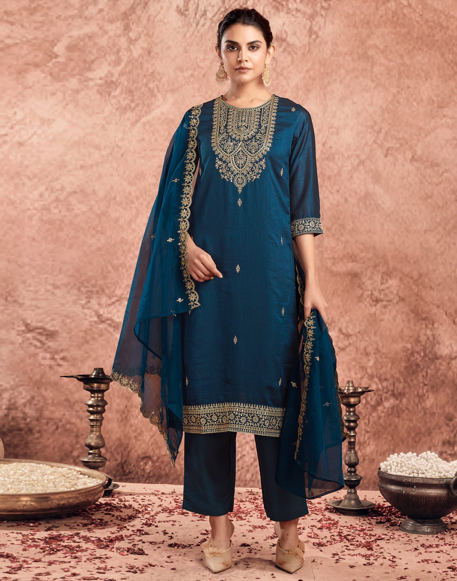 Dark Rama Blue Silk Sequence Straight Kurta Set With Dupatta