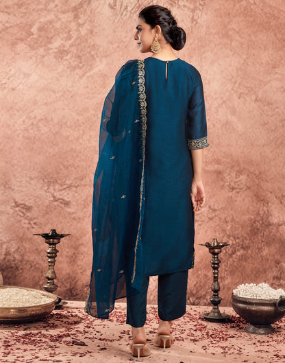 Dark Rama Blue Silk Sequence Straight Kurta Set With Dupatta