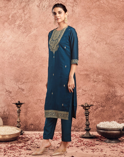 Dark Rama Blue Silk Sequence Straight Kurta Set With Dupatta