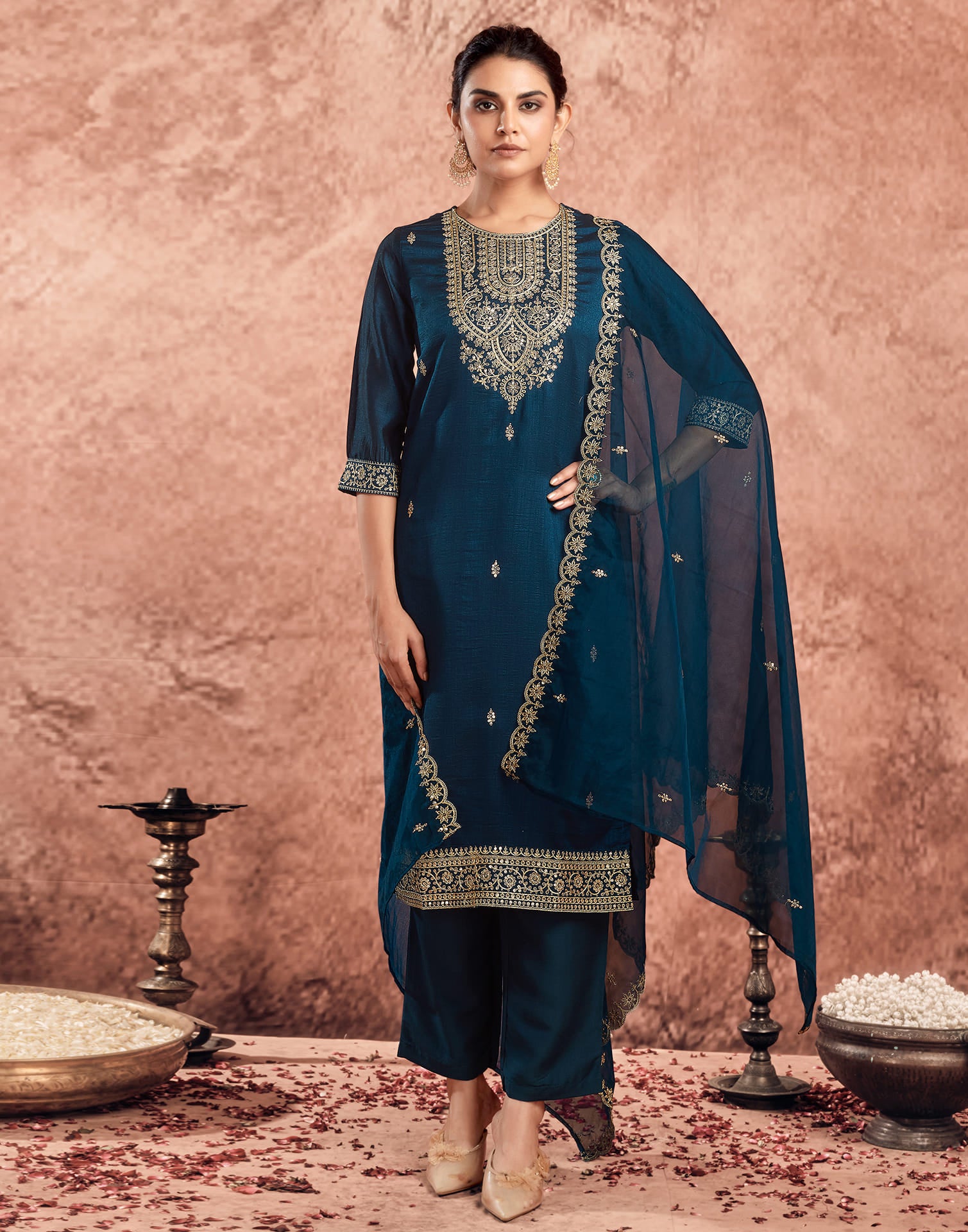 Dark Rama Blue Silk Sequence Straight Kurta Set With Dupatta