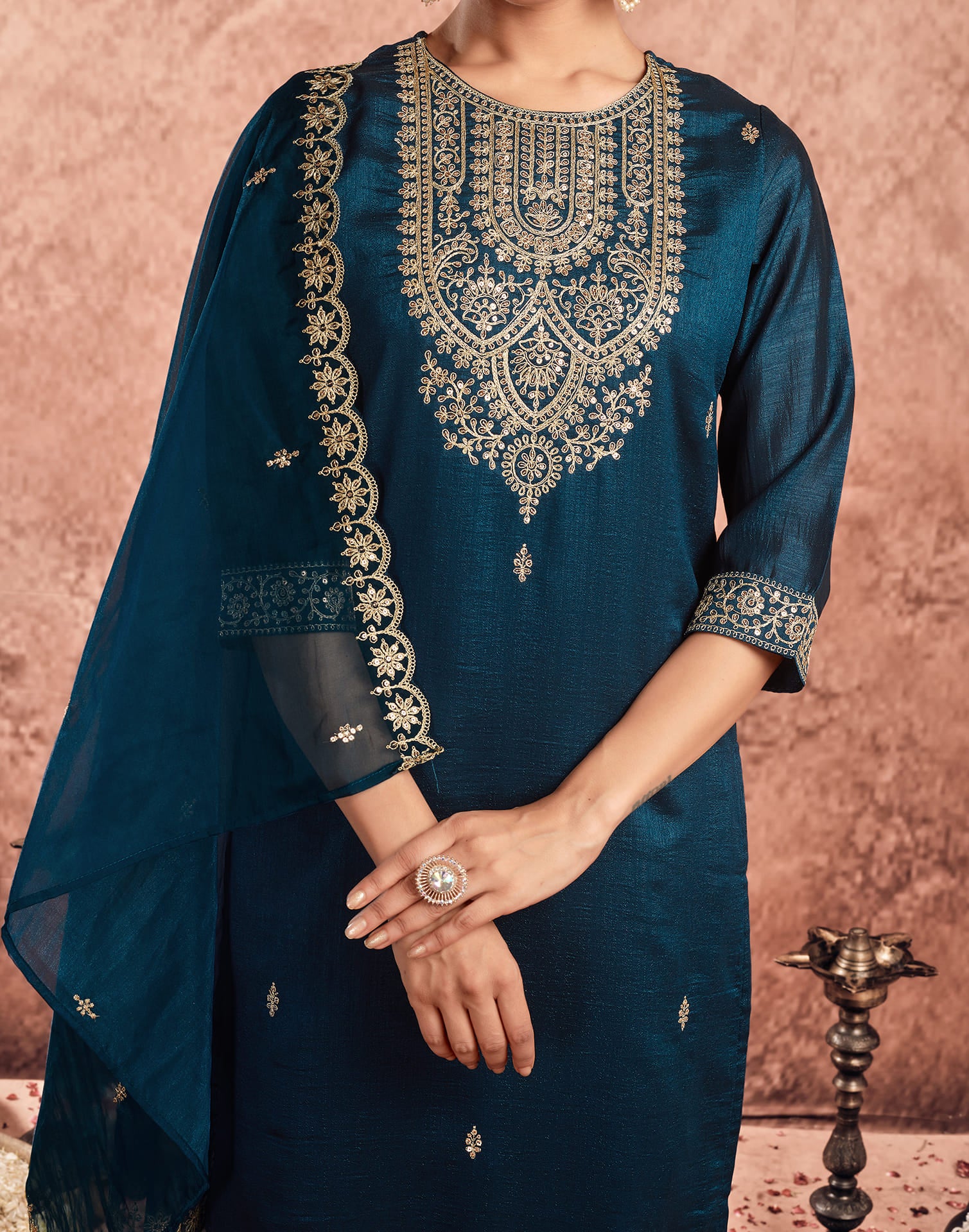 Dark Rama Blue Silk Sequence Straight Kurta Set With Dupatta