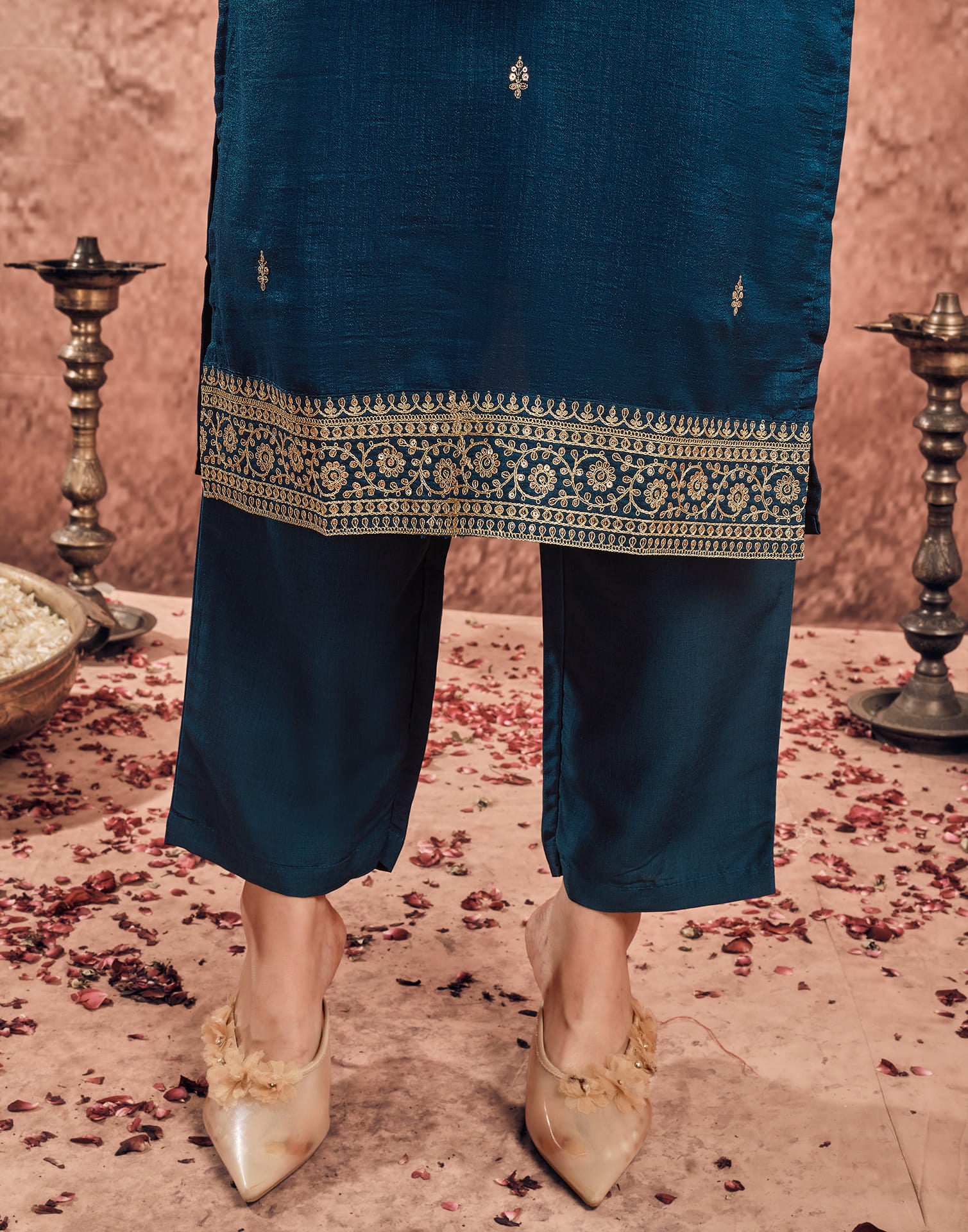 Dark Rama Blue Silk Sequence Straight Kurta Set With Dupatta