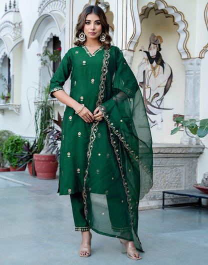 Dark Green Silk Embroidery Straight Kurta Set With Dupatta