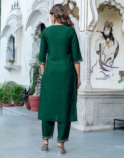 Dark Green Silk Embroidery Straight Kurta Set With Dupatta