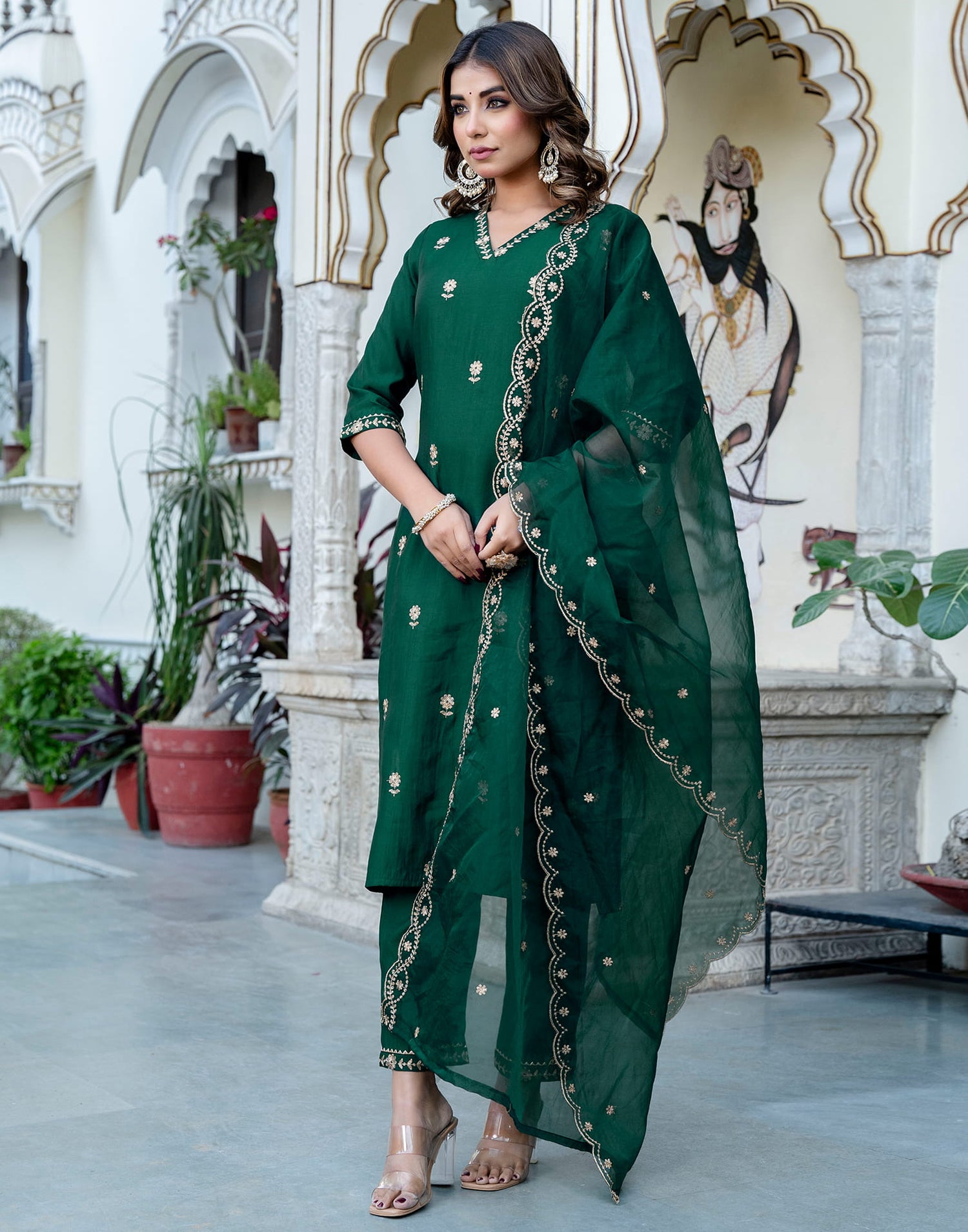 Dark Green Silk Embroidery Straight Kurta Set With Dupatta