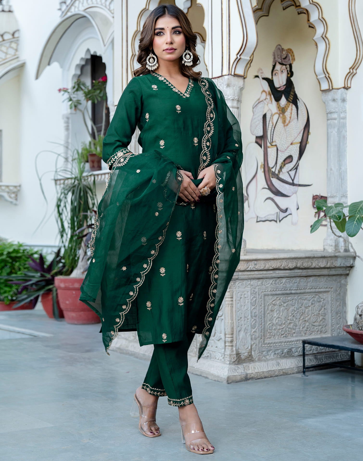 Dark Green Silk Embroidery Straight Kurta Set With Dupatta