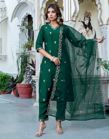 Dark Green Silk Embroidery Straight Kurta Set With Dupatta