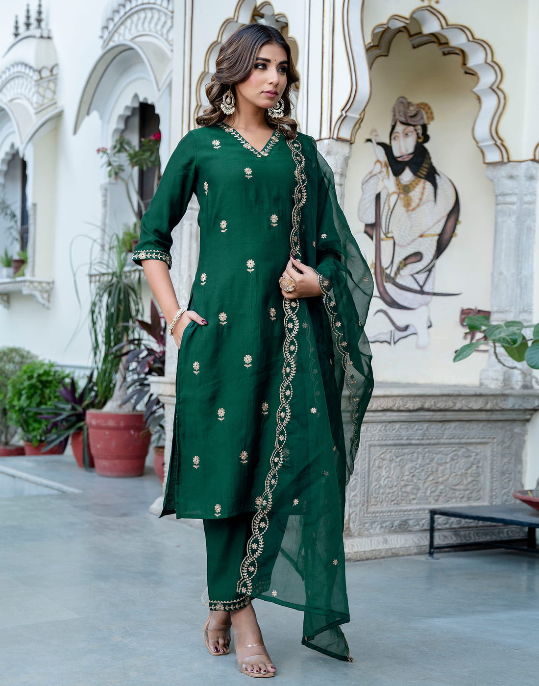 Dark Green Silk Embroidery Straight Kurta Set With Dupatta