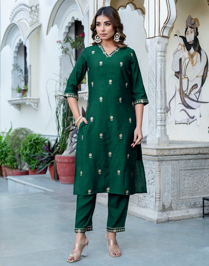 Dark Green Silk Embroidery Straight Kurta Set With Dupatta