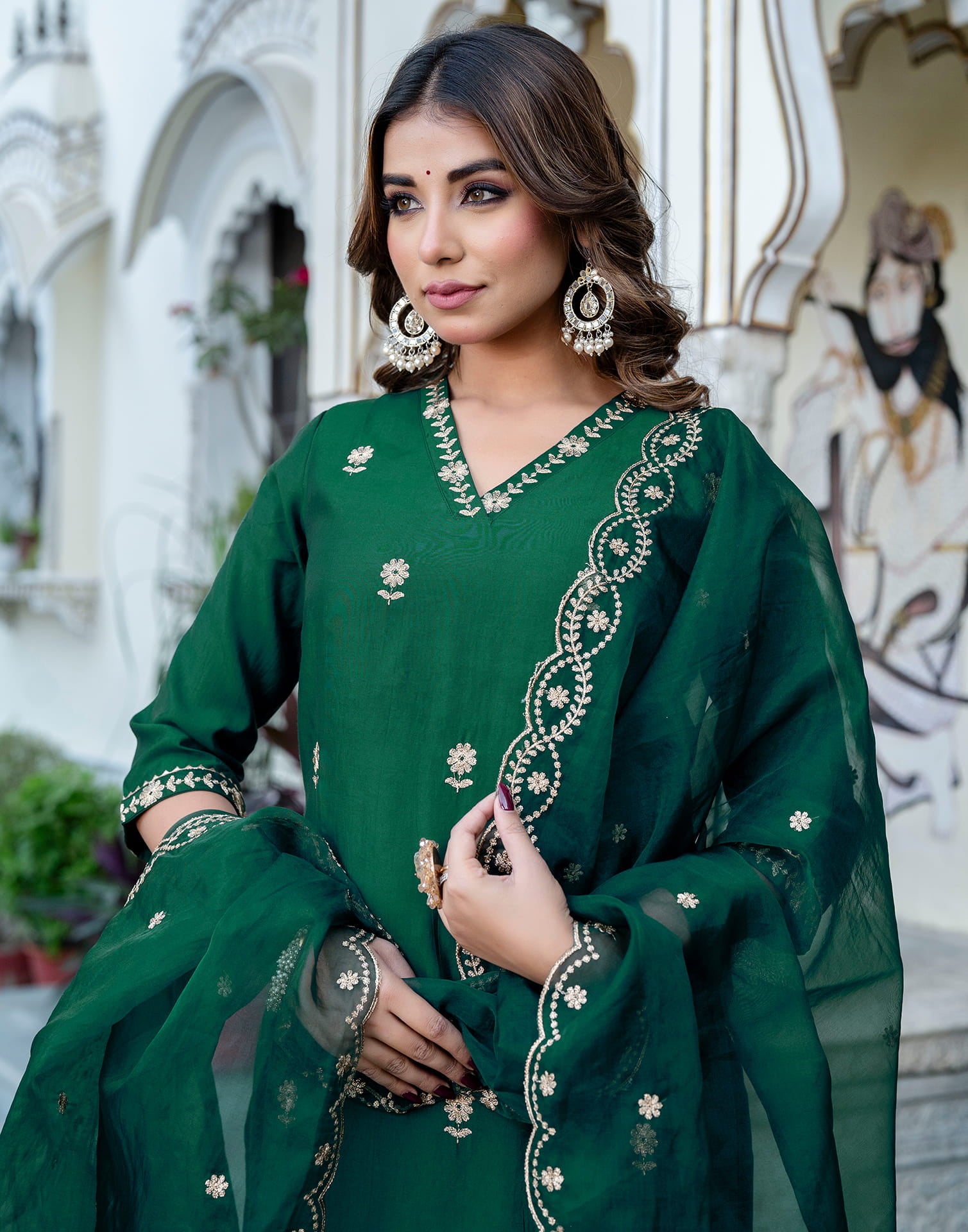 Dark Green Silk Embroidery Straight Kurta Set With Dupatta