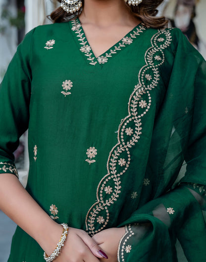 Dark Green Silk Embroidery Straight Kurta Set With Dupatta