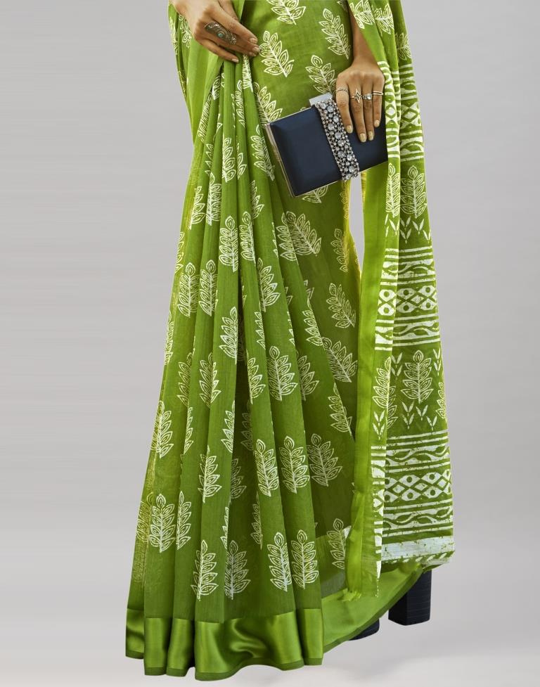 Olive Green Cotton Printed Saree | Sudathi