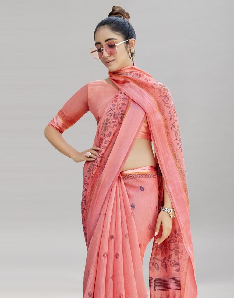 Rose Pink Cotton Printed Saree | Sudathi