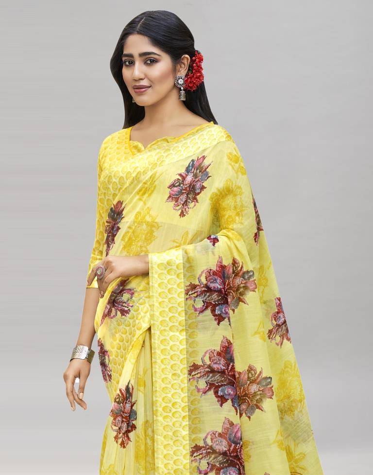 Yellow Cotton Printed Saree | Sudathi