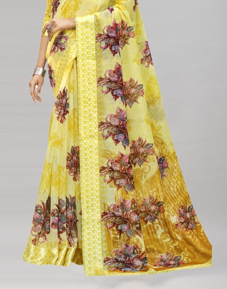 Yellow Cotton Printed Saree | Sudathi