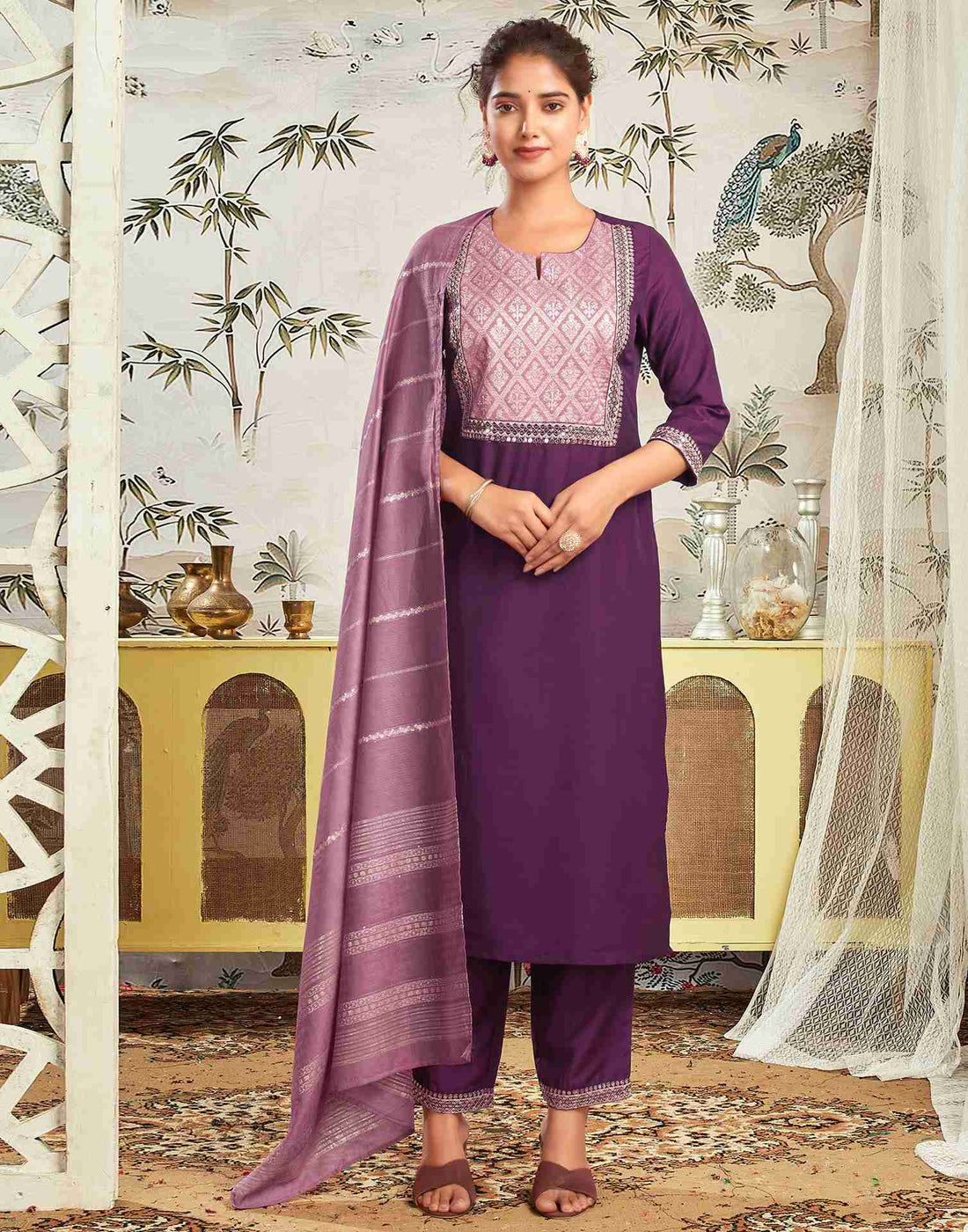 Deep Purple Chinnon Embroidery Straight Kurta Set With Dupatta