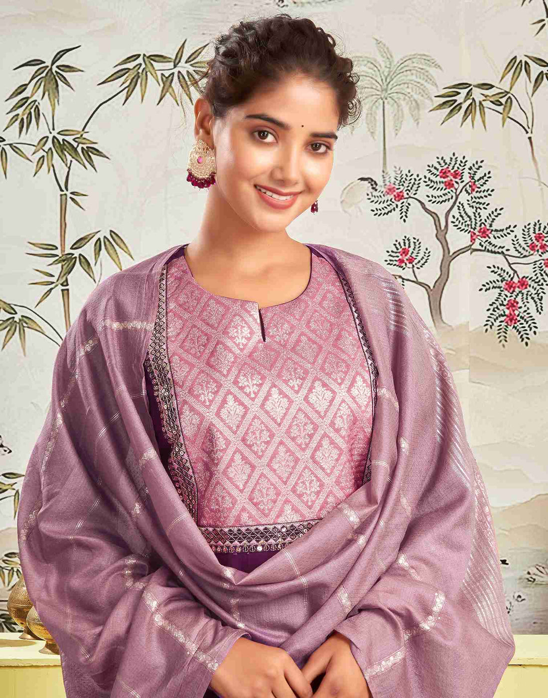 Deep Purple Chinnon Embroidery Straight Kurta Set With Dupatta