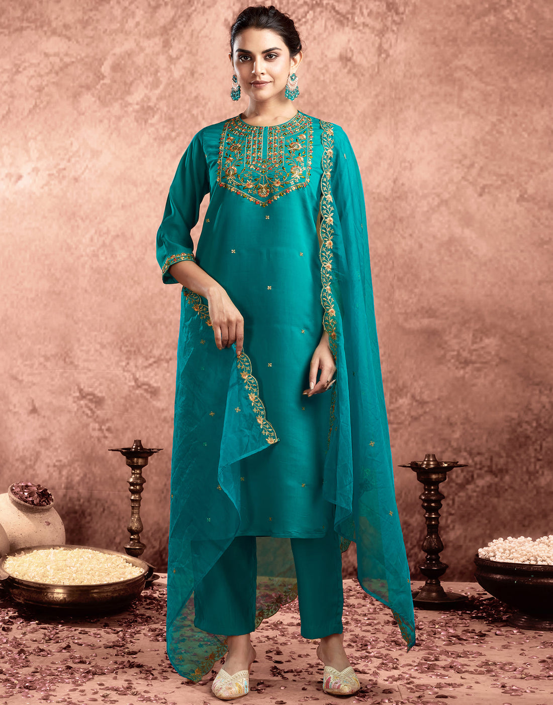 Teal Green Silk Embroidery Straight Kurta Set  With Dupatta