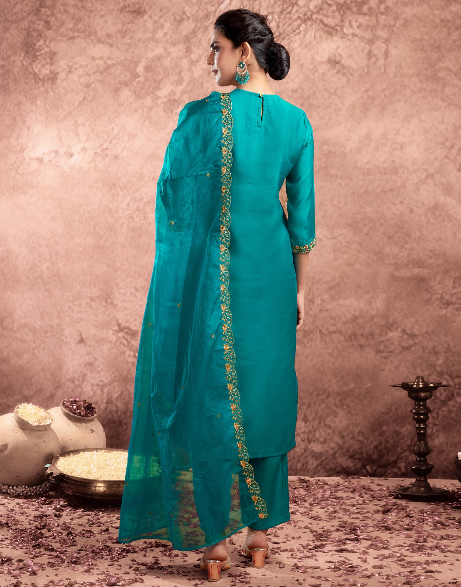 Teal Green Silk Embroidery Straight Kurta Set  With Dupatta